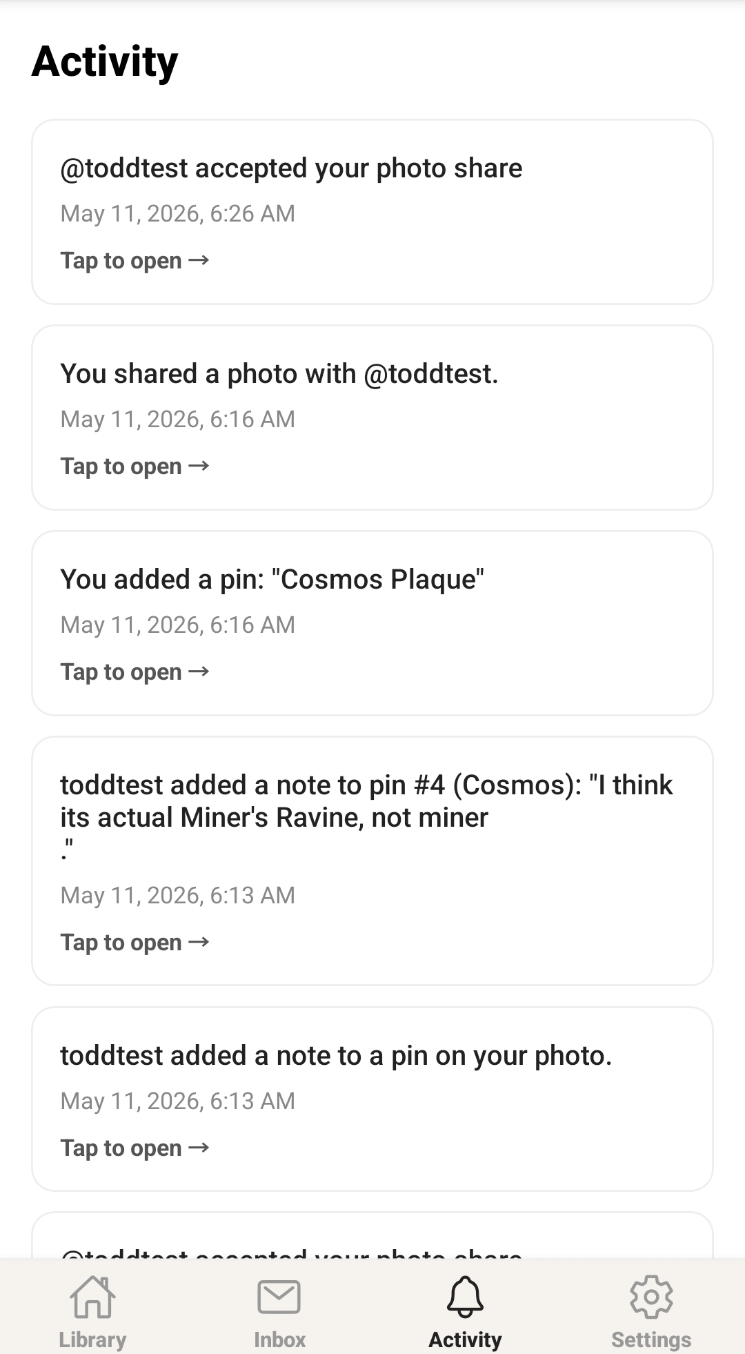 PikTak activity feed
