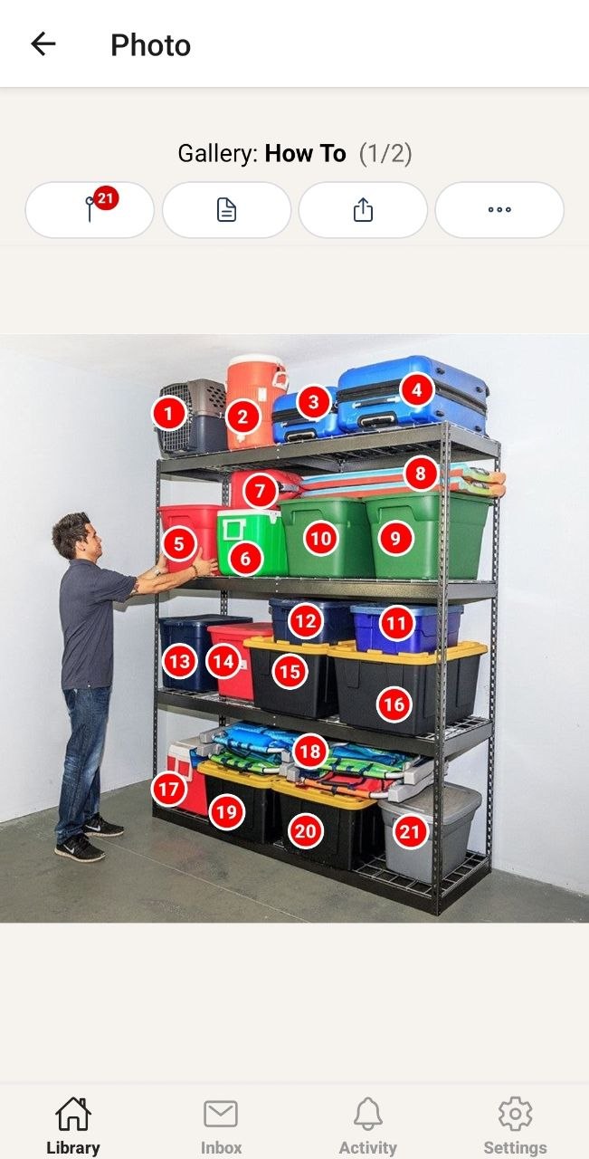 Garage storage shelving with numbered pins in PikTak