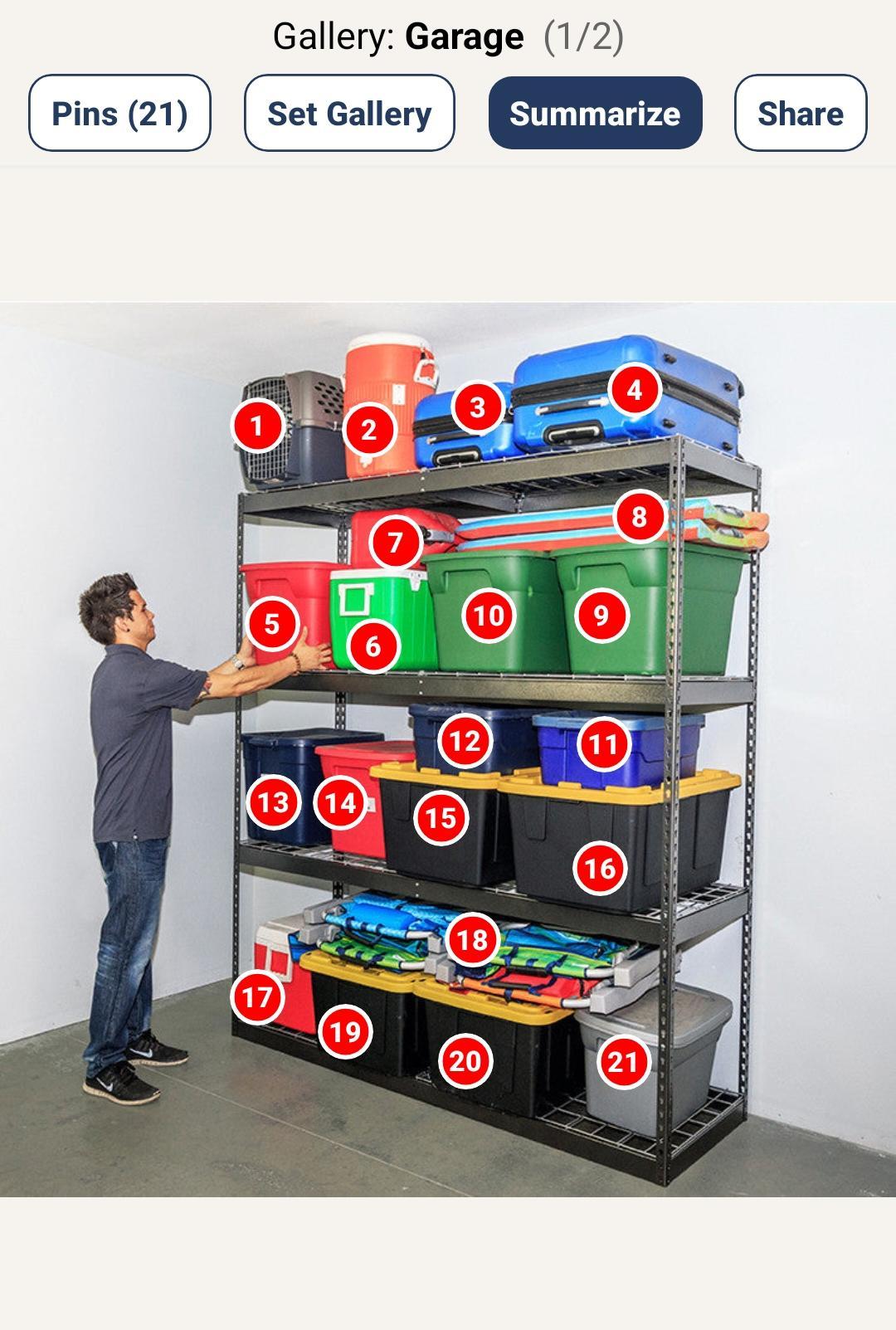 Garage storage shelving with numbered pins